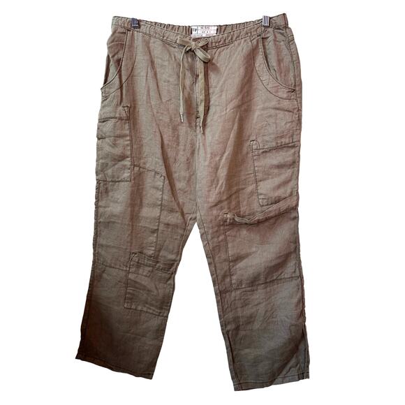 FREE PEOPLE Linen Pants Womens S Cargo Crop Patchwork Utility Green Relaxed Fit - Picture 2 of 15